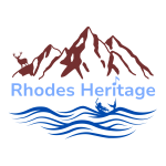 rhodes heritage logo mountain, water, deer, mermaid